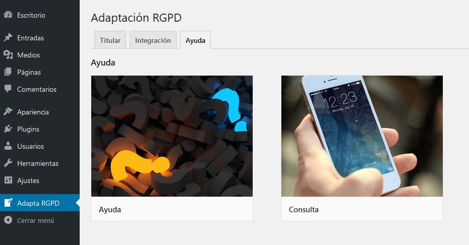 ADAPTA RGPD. Plugin WordPress para cumplir RGPD. Ayuda.