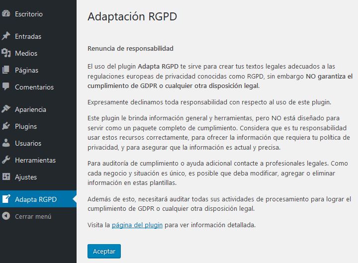 ADAPTA RGPD. Plugin WordPress para cumplir RGPD. Renuncia de Responsabilidad.