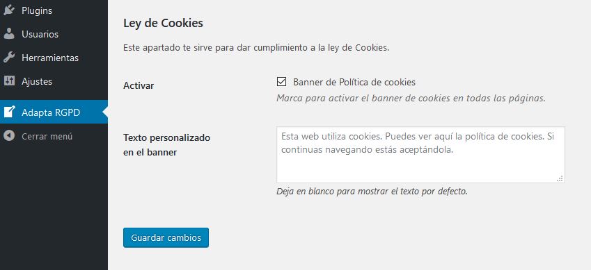 ADAPTA RGPD. Plugin WordPress para cumplir RGPD. Ley de Cookies.