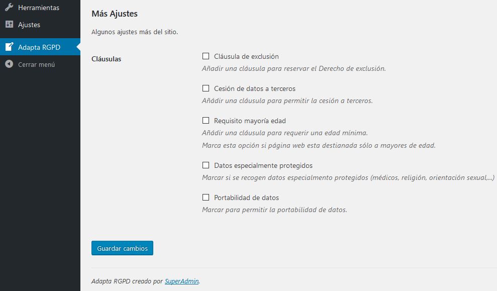 ADAPTA RGPD. Plugin WordPress para cumplir RGPD. Más ajustes.