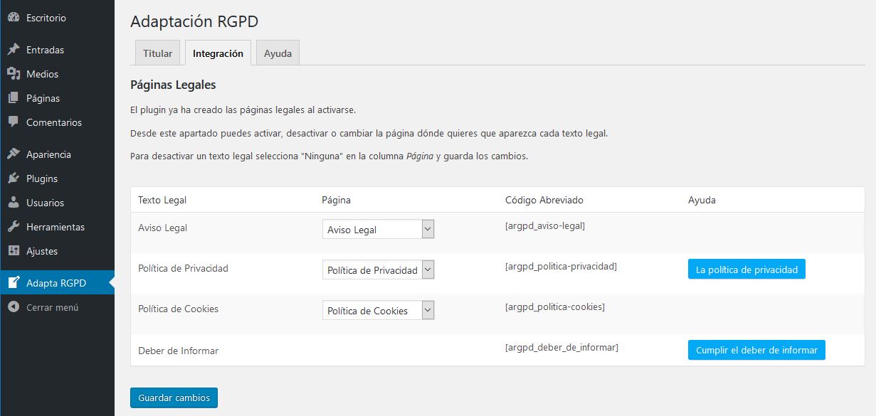 ADAPTA RGPD. Plugin WordPress para cumplir RGPD. Páginas legales.